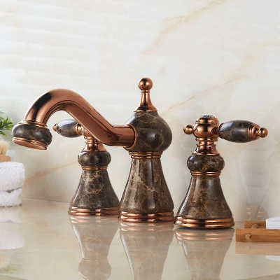 Bathroom Bathtub Rose Golden-Plated Solid Brass Marble Basin Faucet Two dles Hot Cold Mixer Bibcocks Torneira Cozinha