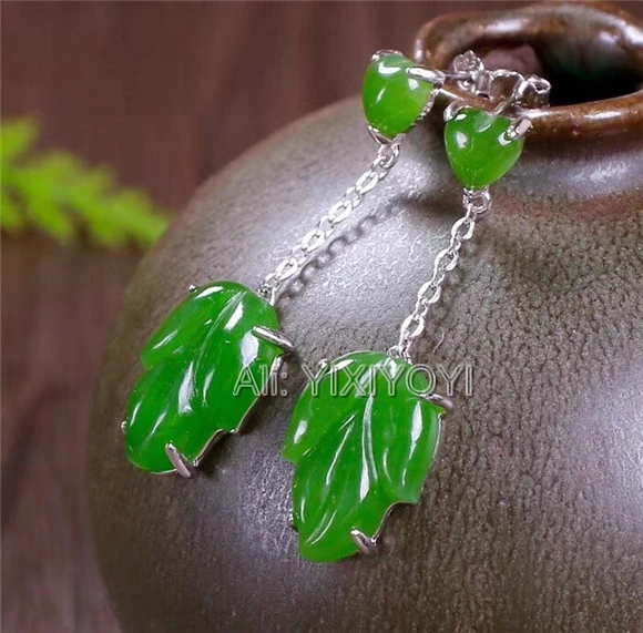 Beautiful 925 Silver Green HeTian Jade Leaf Beads Drop Dangle Lucky Heart Earrings Girl's Charm Ear Jewelry Certificate