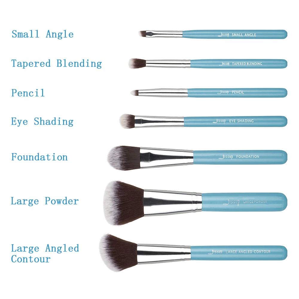 Jessup Blending Foundation Powder Contour Eyeshader Cosmetics Brushes 7pcs Makeup Brushes Set Blue/Silver Wooden Handle T072