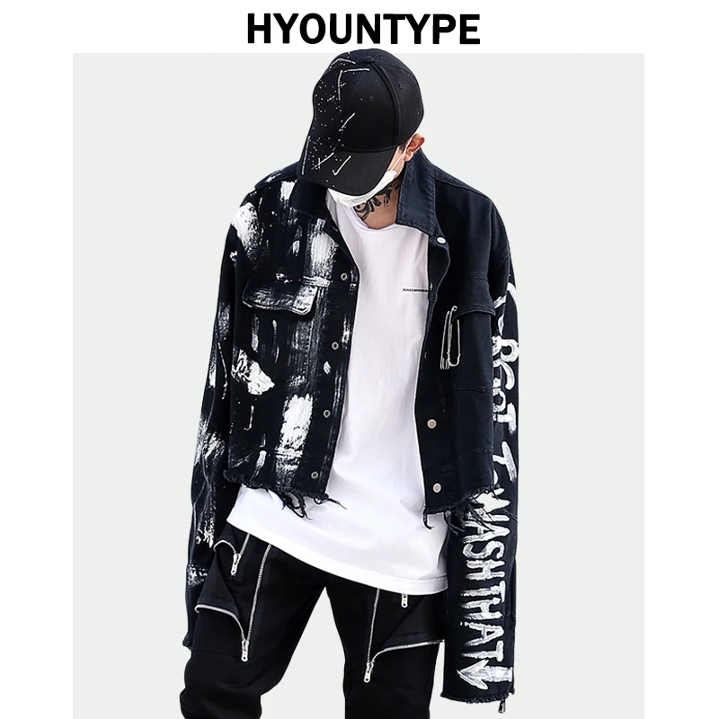 

Designer Irregular Hand Painted Ripped Denim Jacket Coat Mens Hip Hop Autumn Outerwear Fashion Black Jean Streetwear Jackets