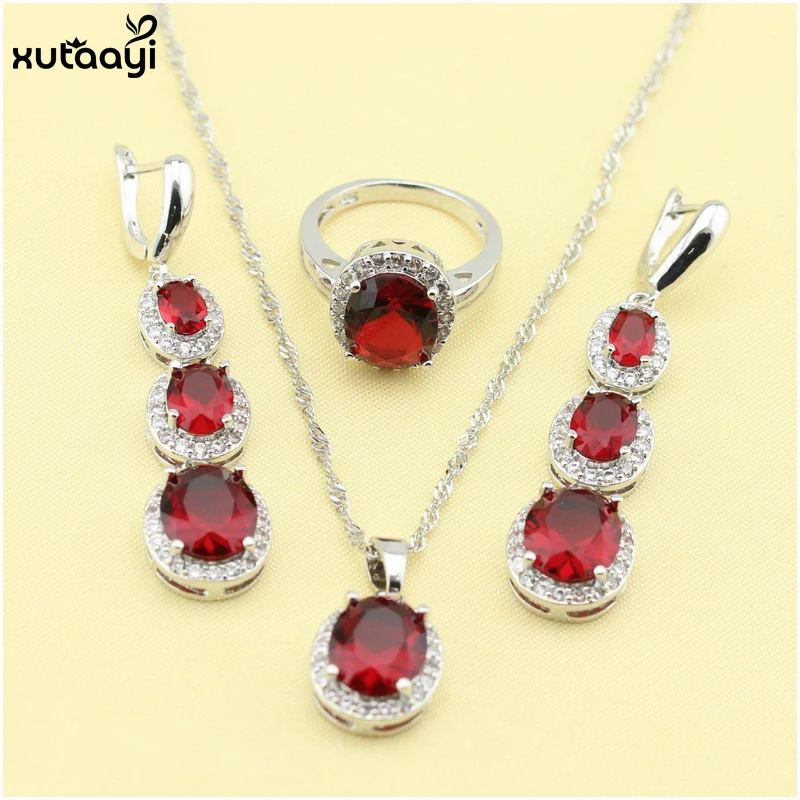 XUTAAYI Fashion  Silver colorcolor Jewelry Sets Flawless Red Stones  Necklace Rings Earrings Wedding Jewelry