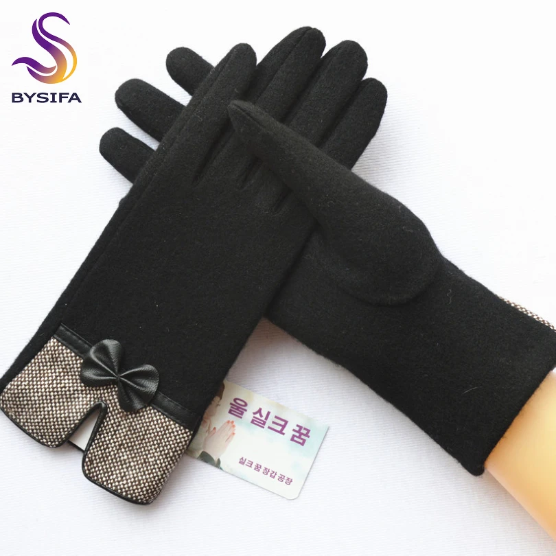 

[BYSIFA] Women Wool Cashmere Gloves Winter Elegant Bow tie Plaid Full Finger Black Gloves Fashion Fall Soft Warm Mittens Gloves