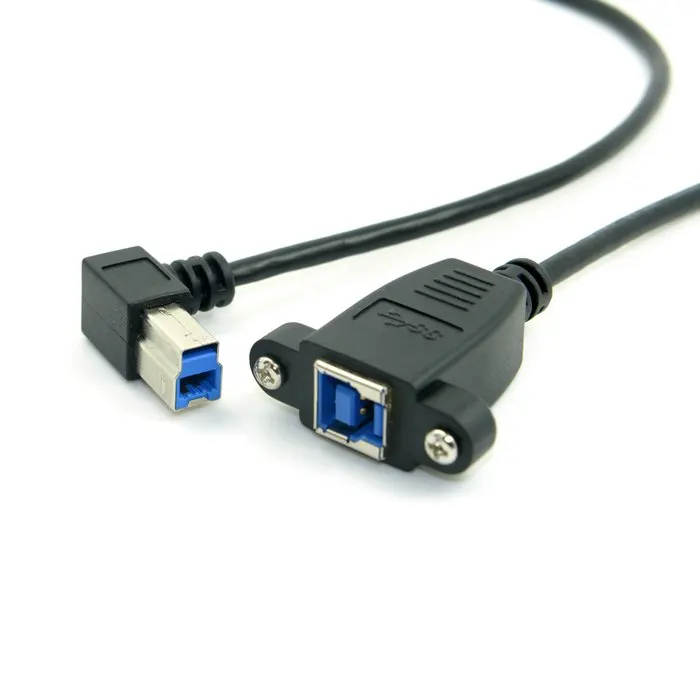 90 Degree right angled USB3.0 B male to female extension cable with Panel Mount screw black color 50cm