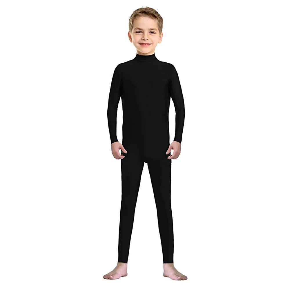 Speerise Meisjes Zwarte Lange Mouwen Unitard Jongens Bodysuit Spandex Full Body Strakke Jumpsuit Hals Dans Kostuums Unitards