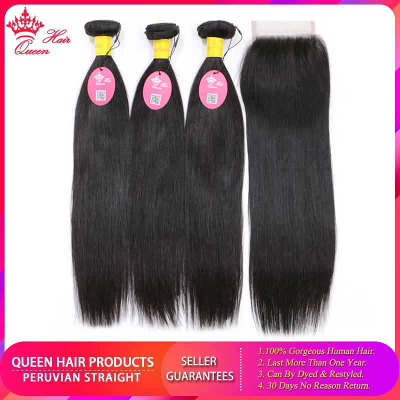 

Peruvian Straight Raw Hair Bundles with Lace Closure 100% Virgin Human Hair Double Weft Weave Natural Color Queen Hair Products