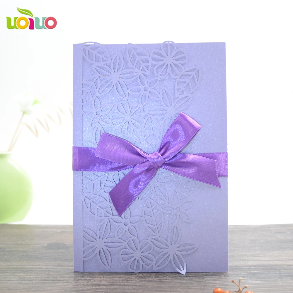 

DIY customzied 30pcs inc13 Laser Cut Wedding invitations Card lavender,tied bow,print insert,envelope