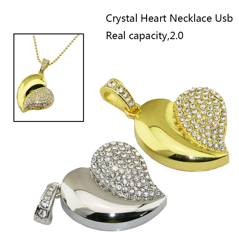 

New Fashion Real Capacity Jewelry Crystal Necklace Heart 8G 16GB 32GB Pen Drive Pendrive USB Flash Drive External Memory Storage