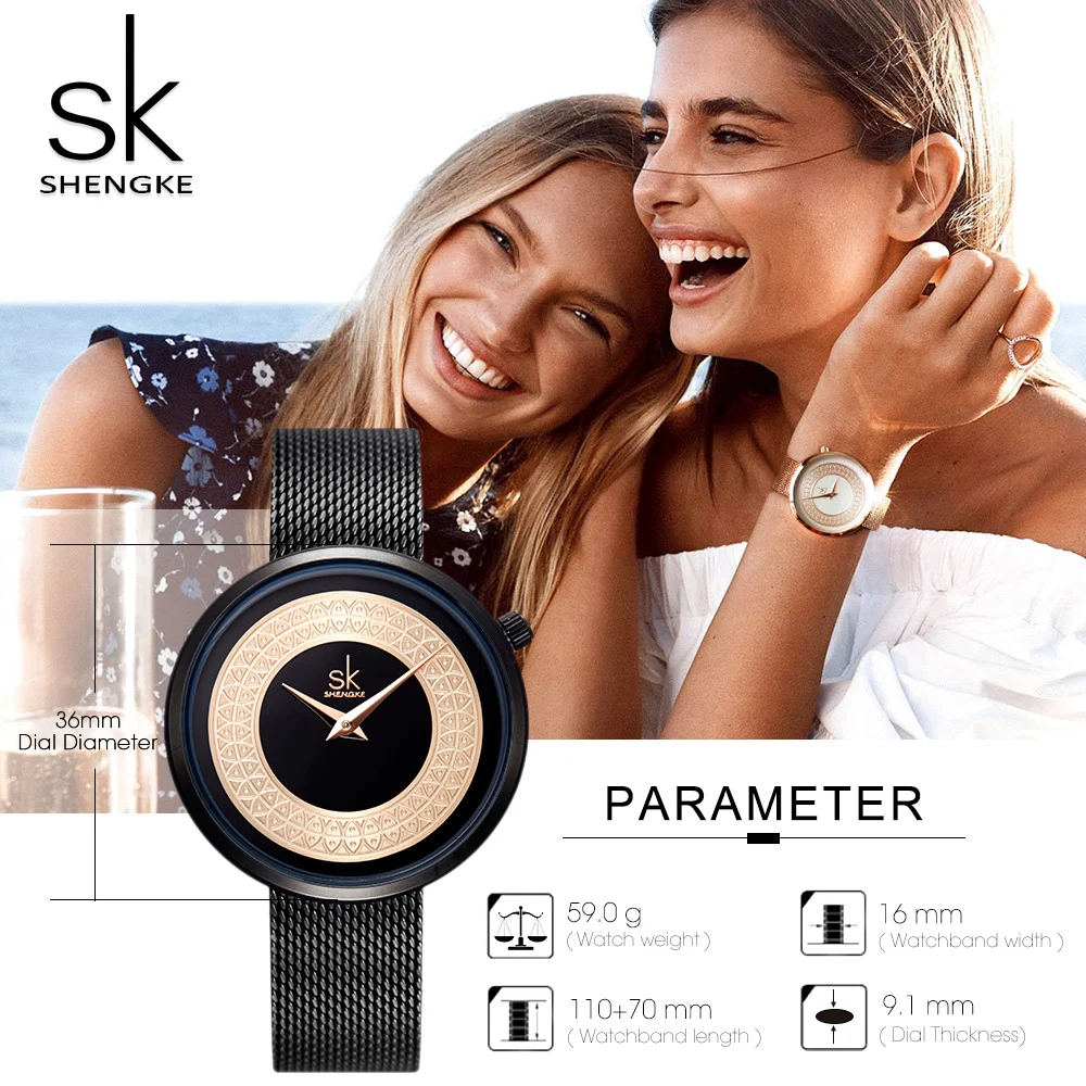 Shengke Nieuwe Jurk Vrouwelijke Horloge Vrouwen Metalen Mesh Mode Quartz Horloges Klassieke Dames Klok Luxe Merk Relogio Feminino