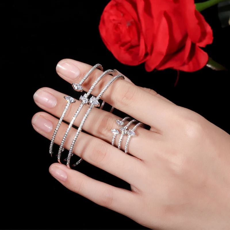 CWWZircons New Arrival Round Shape Exquisite Micro Pave Cuff Bracelets Bangle and Open Ring Set for Women Jewelry Bijoux T135