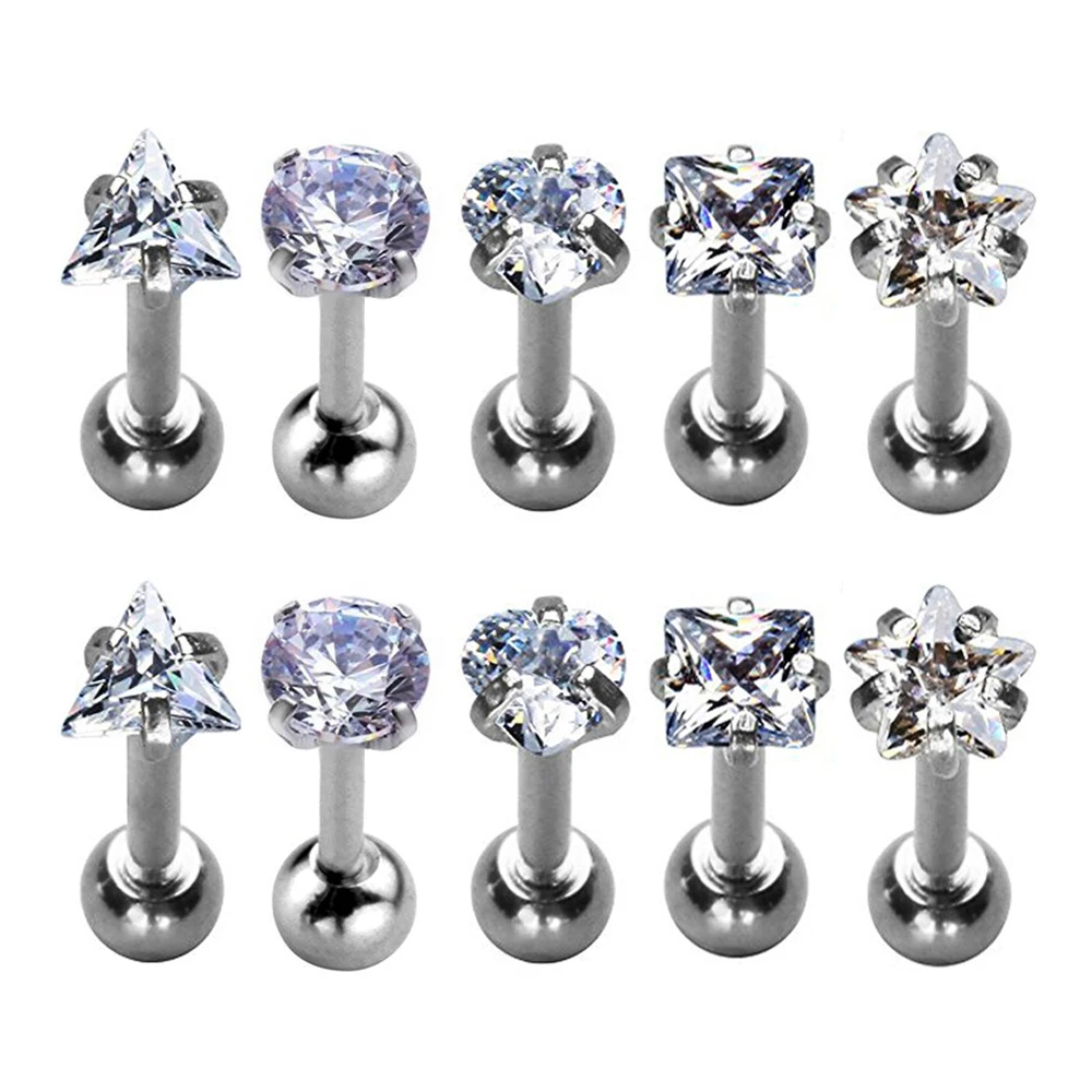 10pieces Stainless Steel Cubic Zirconia Crystal Tragus Earrings for Women Helix Ear Stud Body Jewelry Piercing Set