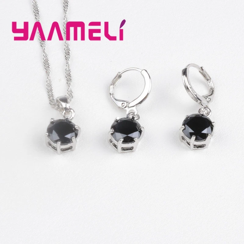 Jewelry Sets 925 Sterling Silver Pendant Necklace&Earring Sets Mysterious Style Dark Black Round Stone For Women