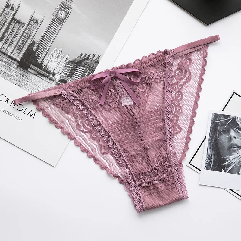 3PCS Sexy Lace Transparent Women Panties Thongs Low Waist Seamless Lady Underwear Bow Hollow Mesh Calcinha Lingerie Soft Breifs