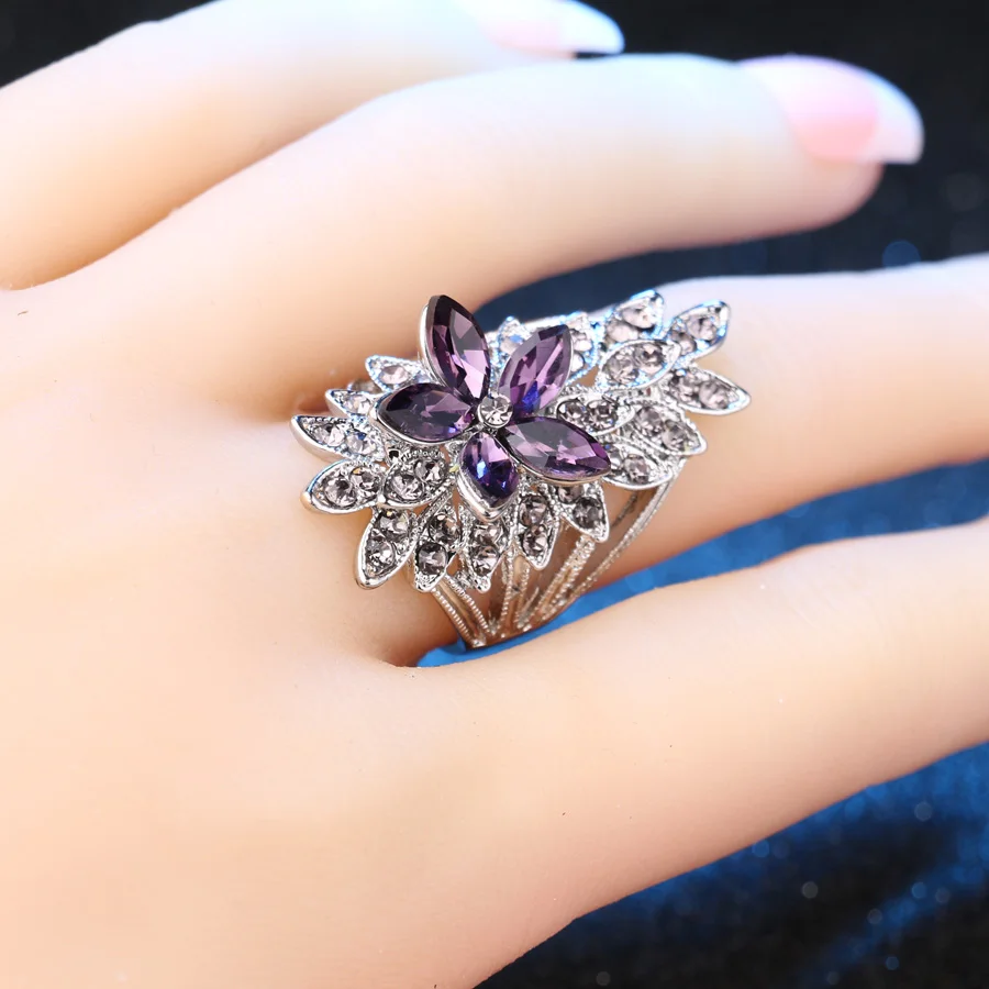 Kinel Fashion Crystal Flower Rings For Women AAA Purple Glass Tibetan Silver Wedding Finger Ring Fine Jewelry Bague