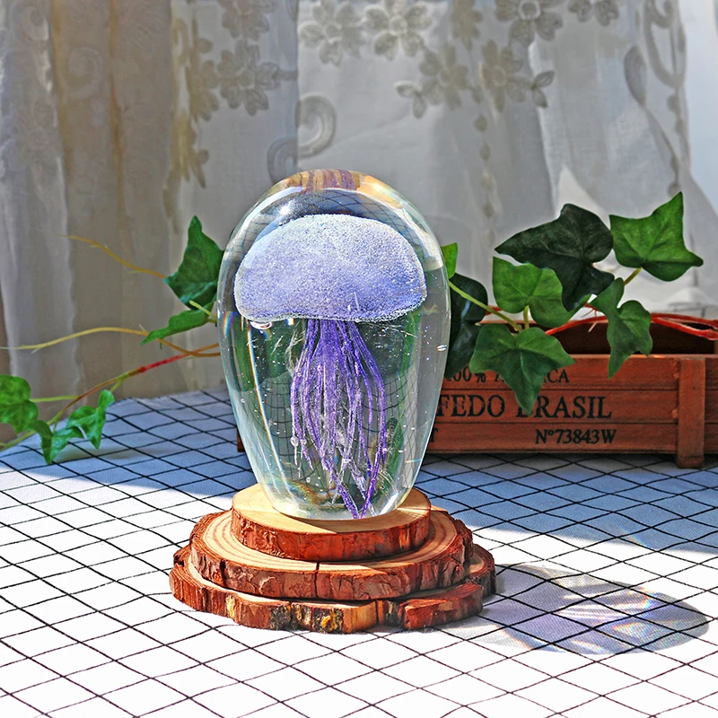 H&D Purple Glow Jellyfish Glass Paperweight Figurine Handblown Glass Sculpture Collectible Xmas Gift Home Office Decoration