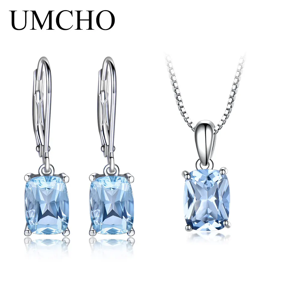 UMCHO 925 Sterling Silver Jewelry Created Sky Blue Topaz Earrings Necklace Elegant Wedding Gifts For Women Fine Jewelry Sets