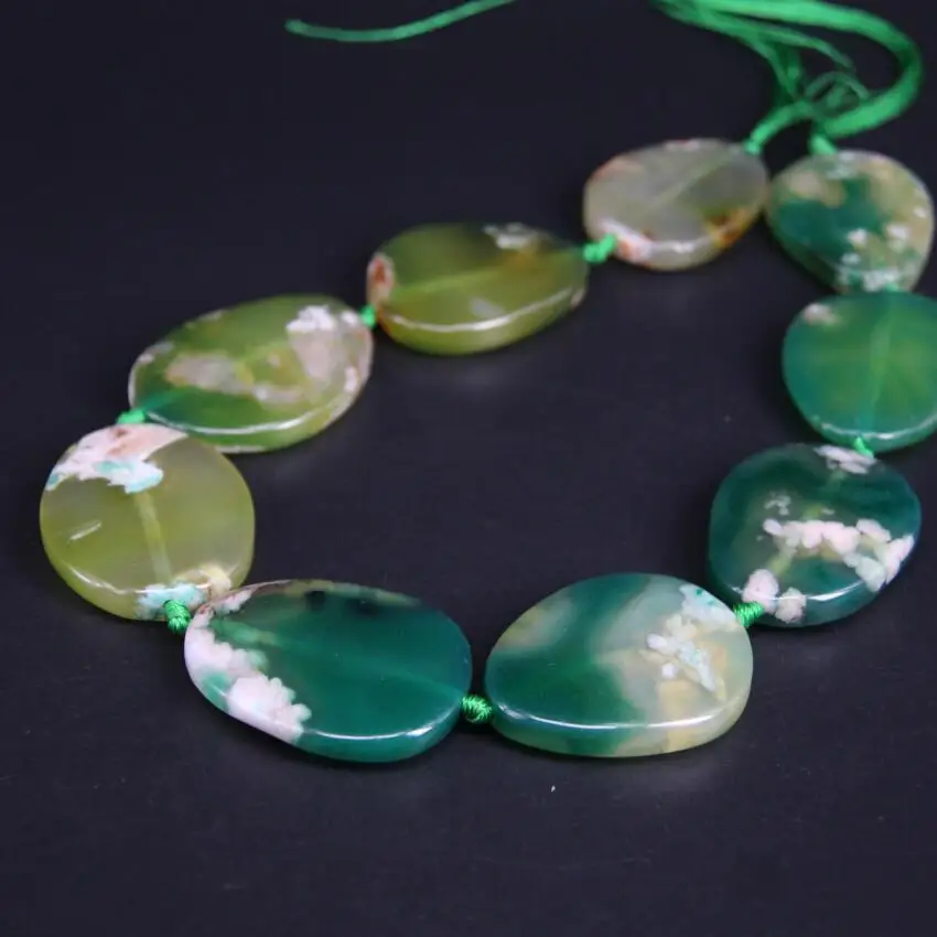 

New!!! 9PCS/strand Green Cherry Blossom Agates Smooth Oval Slab Slice Beads,Natural Sakura Stone Gems Nugget Pendants Jewelry