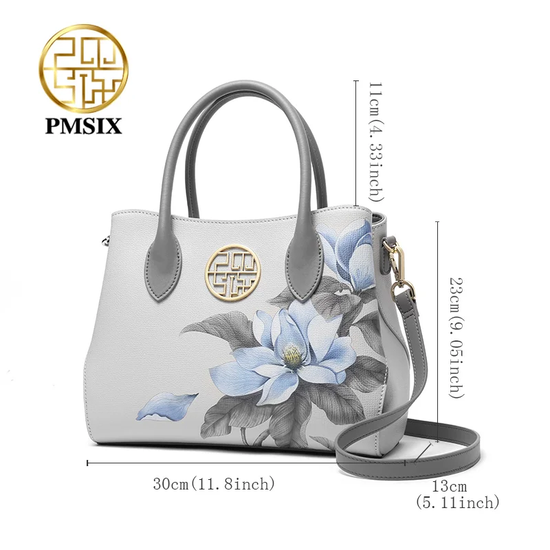 PMSIX  Fashion Flower Printing Cow Leather Women Handbag High Capacity Ladies Shoulder Bag Brand Elegant Female Totes 2021