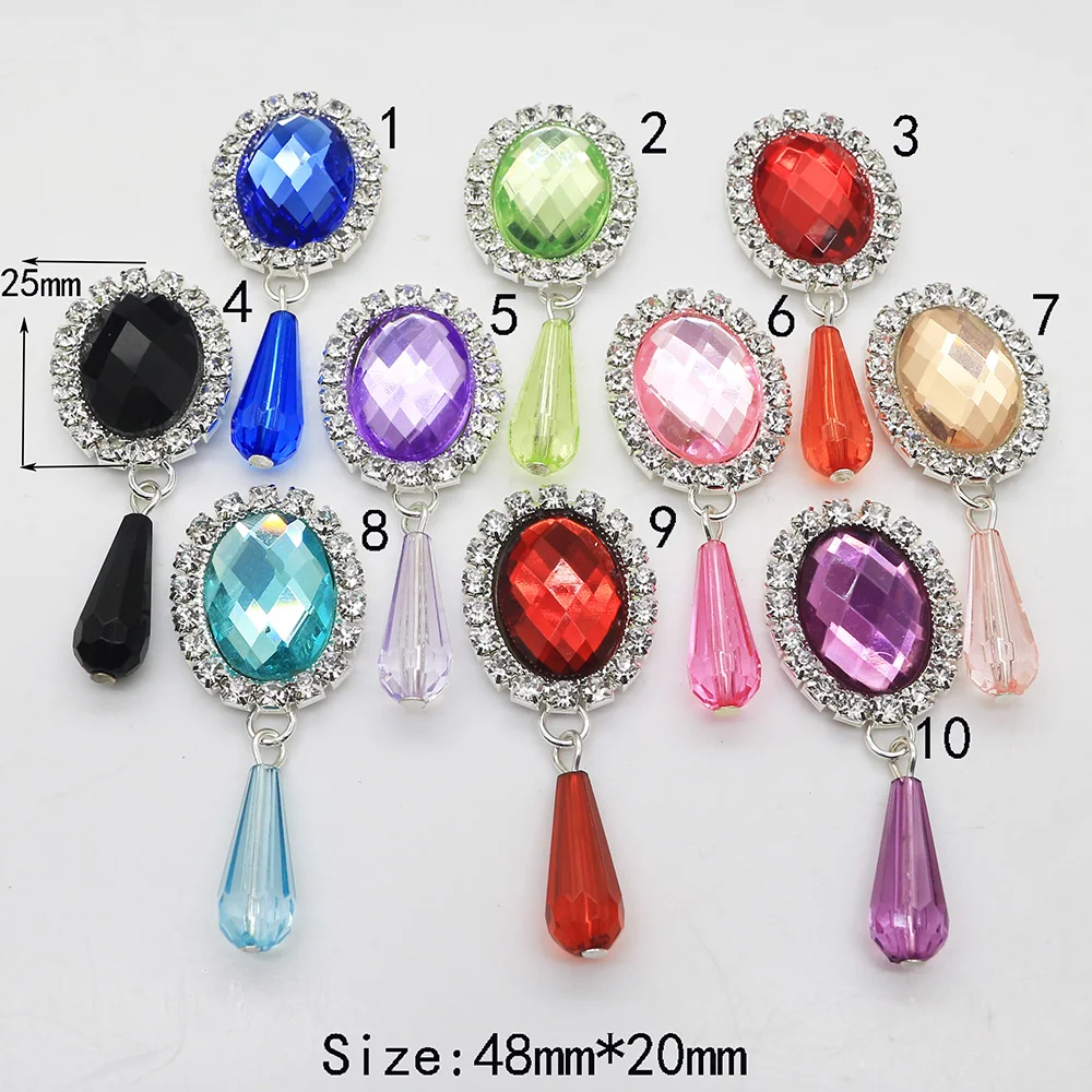 New 10pc 48*20mm Acrylic Hanging Charm Rhinestones Button Wedding Metal Clothing Decoration DIY Hair Flower Center Scrapbooking