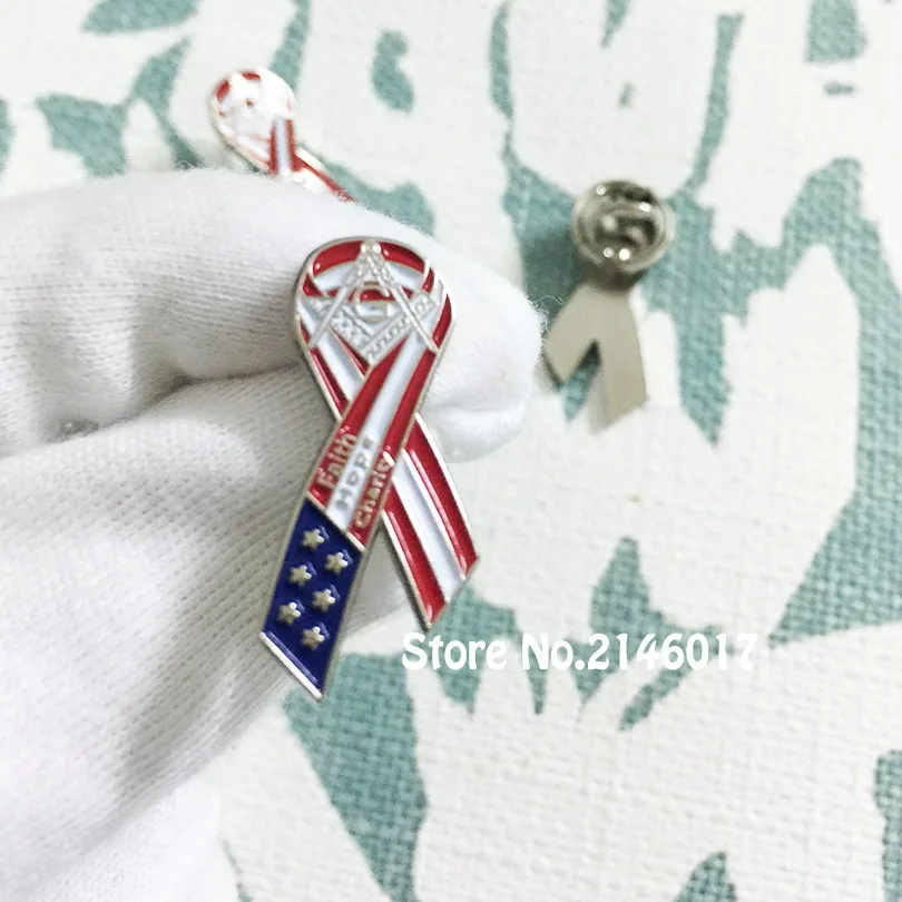 Freemason Cancer Awareness Ribbon Badge Soft Enamel Brooch 27mm Tall US Flag Faith Hope Charity Masonic Lapel Pin Free Masons