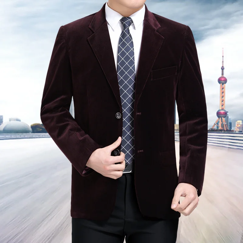 Traje informal de negocios para hombres de mediana edad, Chaqueta de traje de pana de alta gama, de color sólido blazer, abrigo para hombres,
