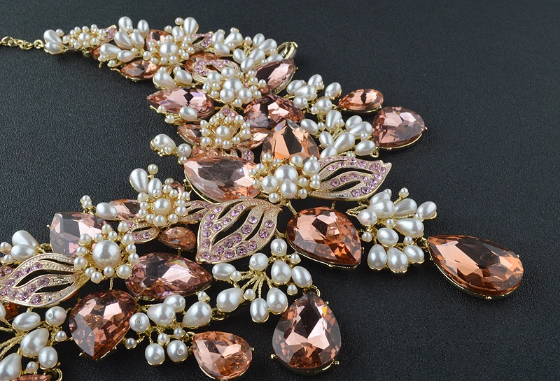 Formal Crystal Flower Rhinestone White Pearl Wedding Bridal Necklace Set Women Party Dress Accessories Peach Color Statement