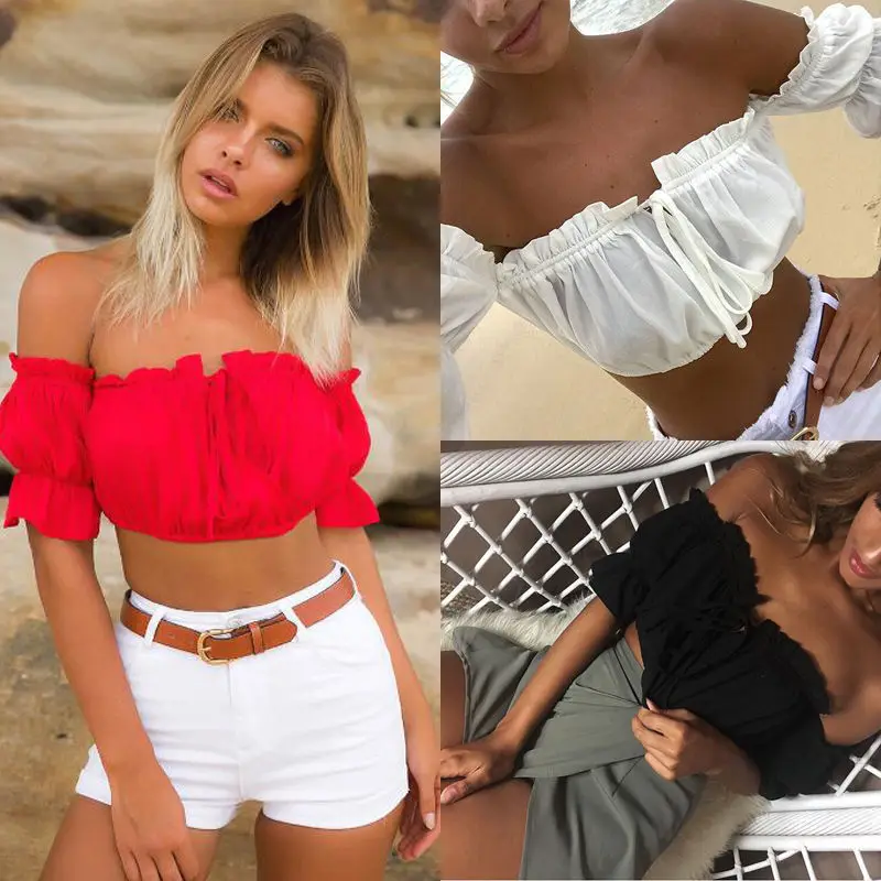 2017 New Fashion Women Ladies Off Shoulder Crop Blouses Shirts Summer Ruffle Solid Short Blouses Hot Sales