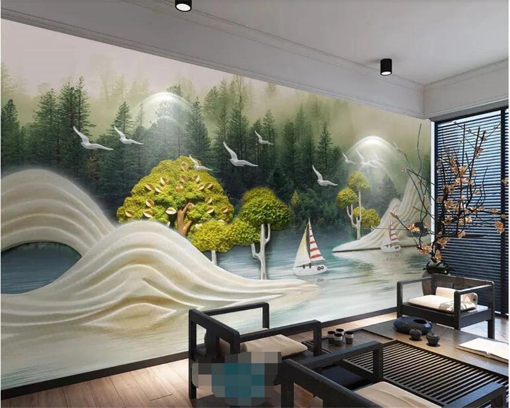 Custom size murals photo 3D relief landscape bird sailboat Forest Mountain background Wall murals Paper home decor 3d wallpaper