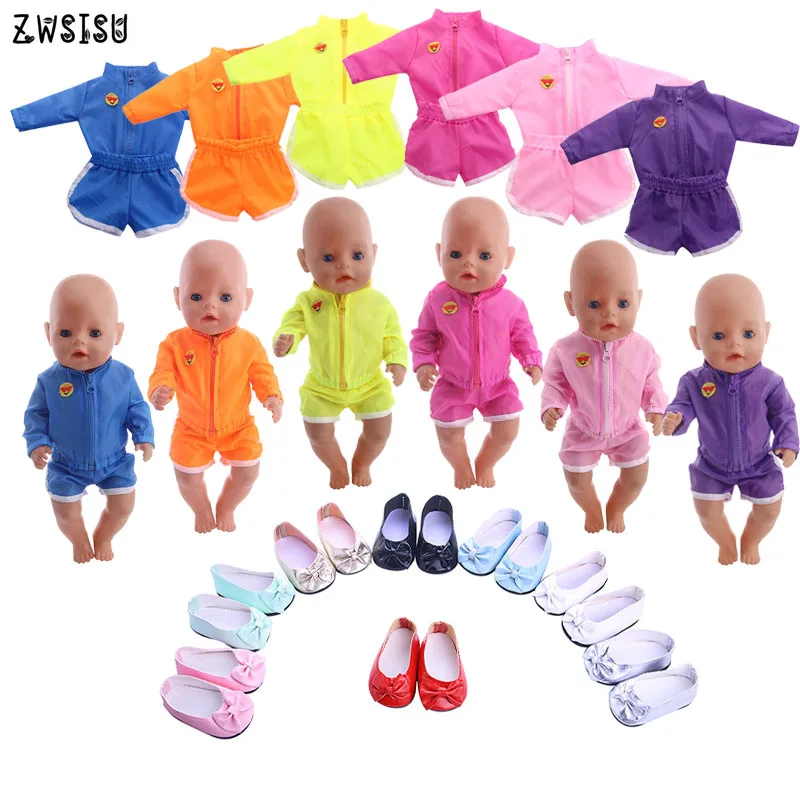 Doll Clothes 6 Pcs Solid Colors Sportswear Space Suits&Bowknot Shoes For 18 Inch American Doll&43 Cm Baby Doll Generation Girl