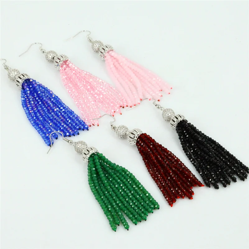 

bohemia white cz pure gold silver color crown beads connector charms black green wine red pink tassel dangle earrings for women