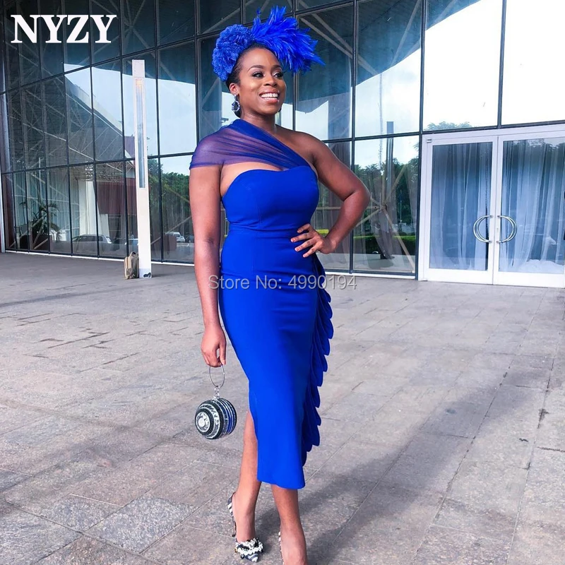 

NYZY C124 Satin One Shoulder Royal Blue Robe Cocktail Dress for Wedding Party Guest Wear vestido coctel 2019 abiti da cerimonia