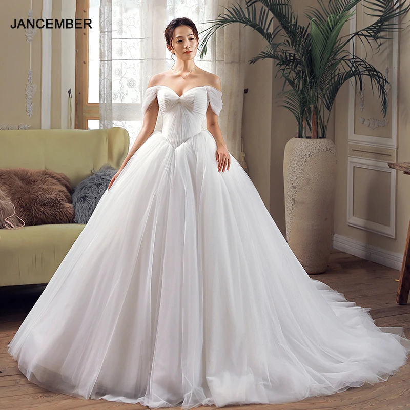 J66620 jancember الزفاف اللباس انفصال كم قبالة الكتف الرباط حتى العودة الطابق طول فساتين زفاف vestido دي فيستا 2019