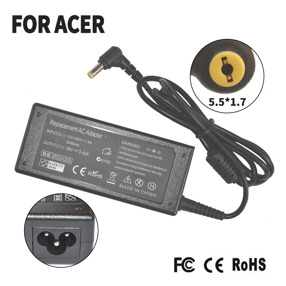 Replacement For Acer 19V 3.42A 5.5*1.7MM 65w 5740 5340 3810T 4315 5738 5338 Laptop AC Charger Power Adapter free shipping