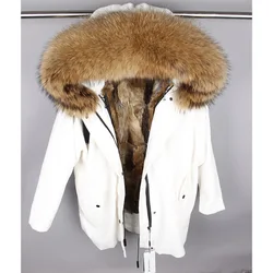 Maomaokong-Chaqueta forrada de piel de conejo Real para mujer, Parkas largas con Cuello de piel de mapache, abrigo cálido de invierno