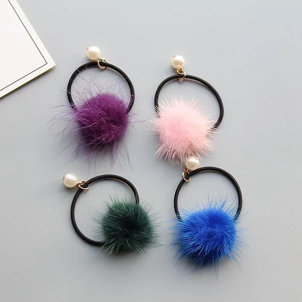 60pcs Fashion Cute Mini Fur Pom Pom Hair Ties Color Ball Elastic Hair Bands Princess Headwear Girls Hair Accessories