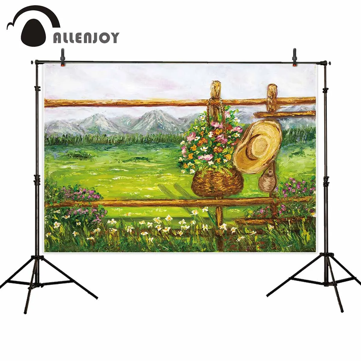 Allenjoy backgrounds for photography studio oil painting flower basket straw hat grassland mountain backdrop newborn photocall