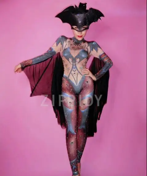 Belle combinaison extensible imprimée de strass chauve-souris, body de soirée, de bal, de chanteur et de danseuse, pour boîte de nuit, Cosplay, 2018