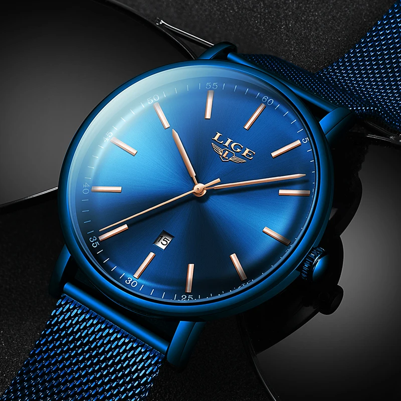 LIGE Mens Watches Top Brand Luxury Waterproof Ultra Thin Clock Blue Mesh Belt Fashon Casual Quartz Watch Men Sport Wrist Watch