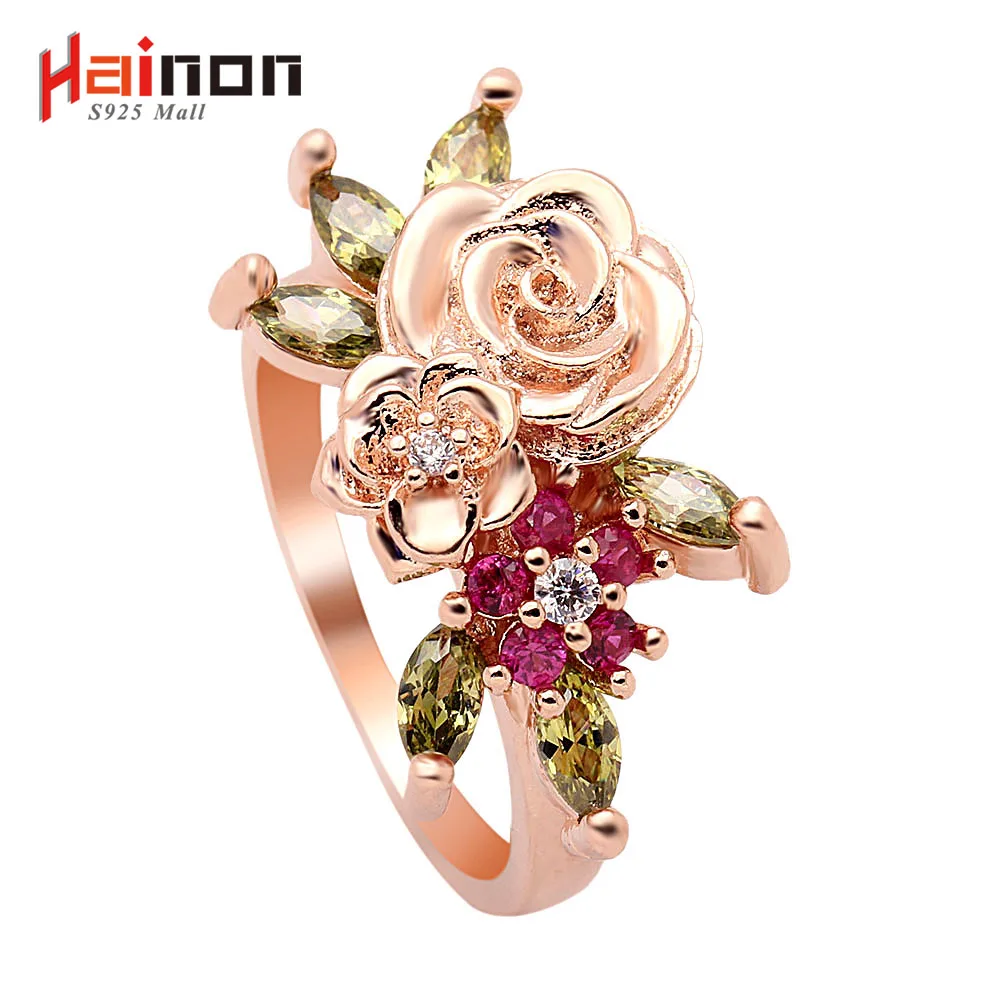 Hainon Rose Gold Color My Princess Queen Rose Engagement Ring with Red Green CZ Authentic Lovely Fower Jewelry Birthday Gift