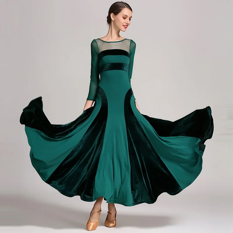 Red Velvet Gauze Stitching Round-neck Ballroom Dance Dress For Women Modern Dance Costumes Flamenco Dress Fringe Dance Wear