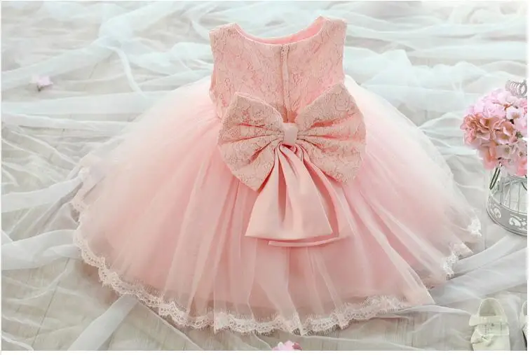 Elegant Girl Dress Girls 2015 Summer Fashion Pink Lace Big Bow Party Tulle Flower Princess Wedding Dresses Baby Girl dress,0-2Y