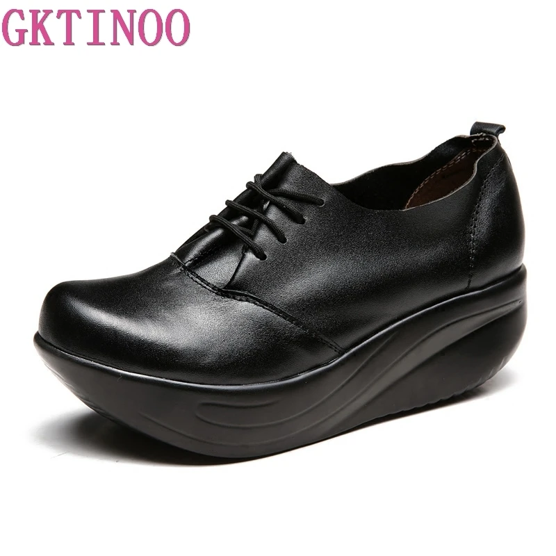 GKTINOO New Women\'s Genuine Leather Platform Shoes Wedges Black Lady Casual Shoes Swing Lace Up High Heels Shoe Plus Size 34-43