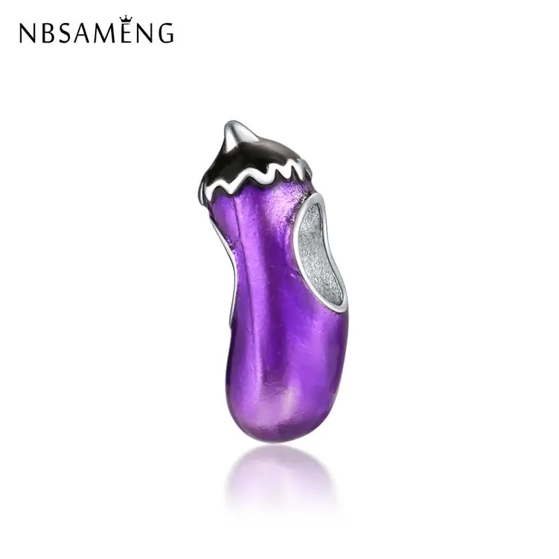 

Fashion Silver Plated Beads Charm Purple Enamel Cute Eggplant Charms Fit Original Bracelets Women DIY Jewelry