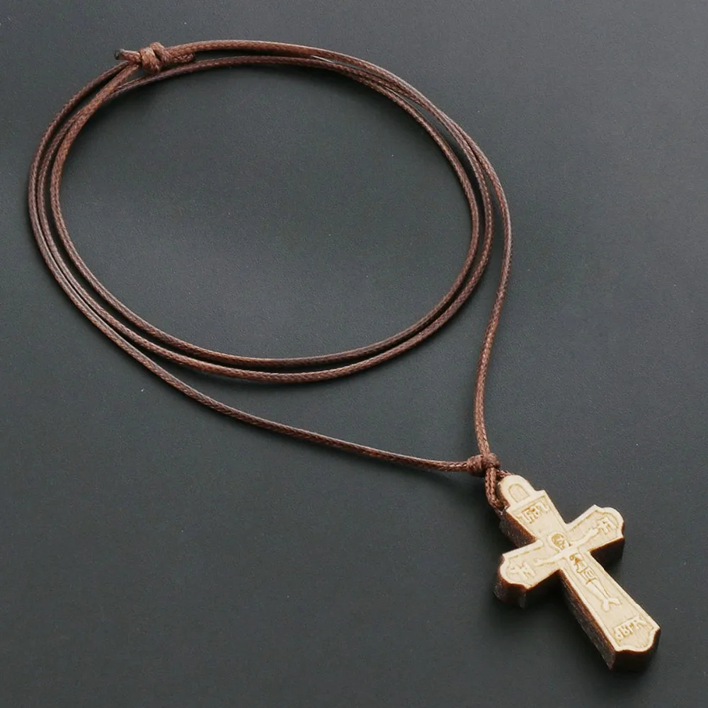 Antique Jerusalem Cross Wooden Pendant Necklaces Medieval Jewelry Women Men Natural Handmade Rope Chain bijoux collar NC170