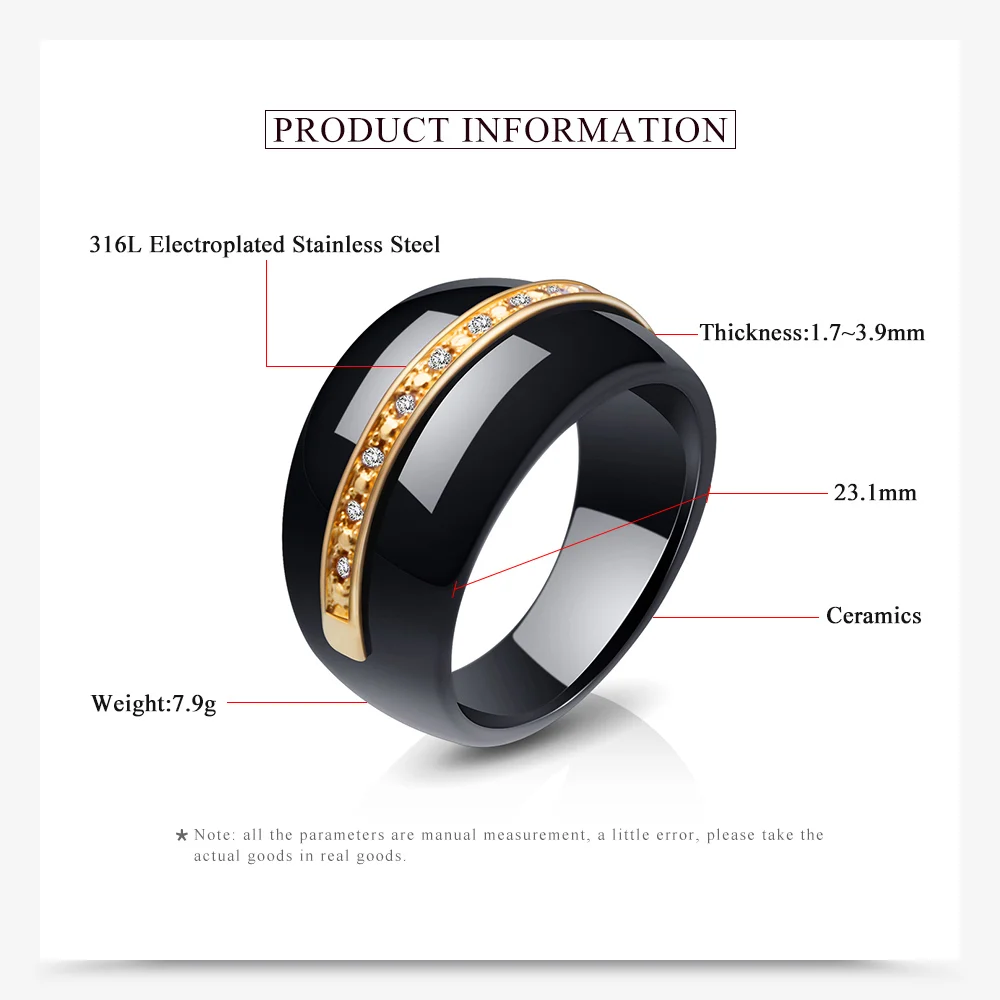 Unique Design Black & White Ceramic Rings For Women Gold Color Metal Cubic Zircon Channel Ceramic Wedding Jewelry