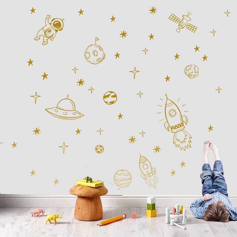 Rocket Ship Astronaut Creative Vinyl Wall Sticker For Boy Room Decoration Outer Space Wall Decal Nursery Kids Bedroom Decor NR13