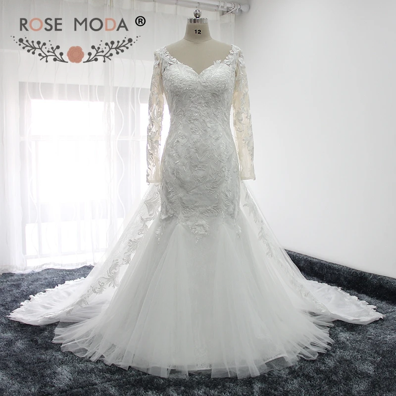 

Rose Moda V Neck Long Sleeves Lace Mermaid Wedding Dress with Removable Train Real Photos