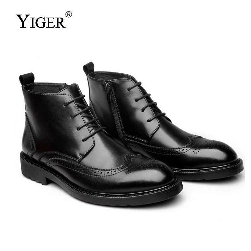 YIGER NEW Men Boots Genuine Leather Boots Large Size Men Casual Boots Lace-Up Bullock Boots Men Black Spring/Autumn Ankle boots