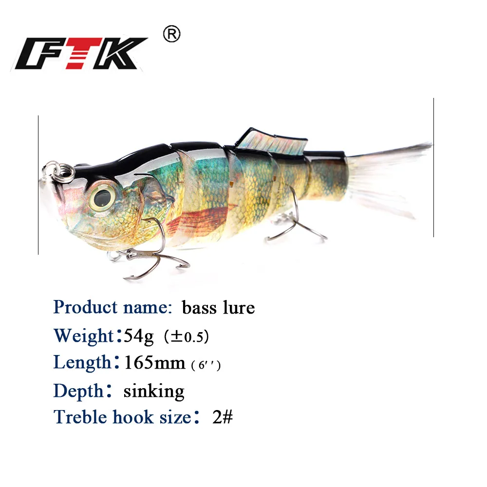 FTK Fishing Lure 1pc Wobbler Hook Tackle Swim Bait 5 Segment 165mm/54g Assorted Bass Floating Hard Sinking Topwater Crankbait HF