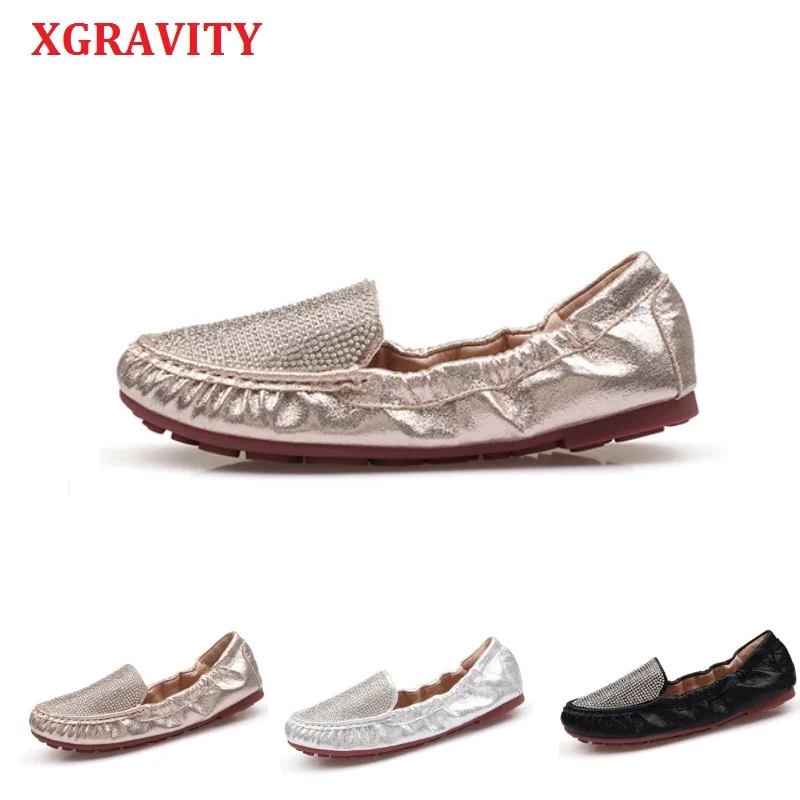 XGRAVITY Plus Big Size Simple Crystal Woman Flat Shoes Elegant Comfortable Lady Fashion Rhinestone Women Soft Loafer Female A126