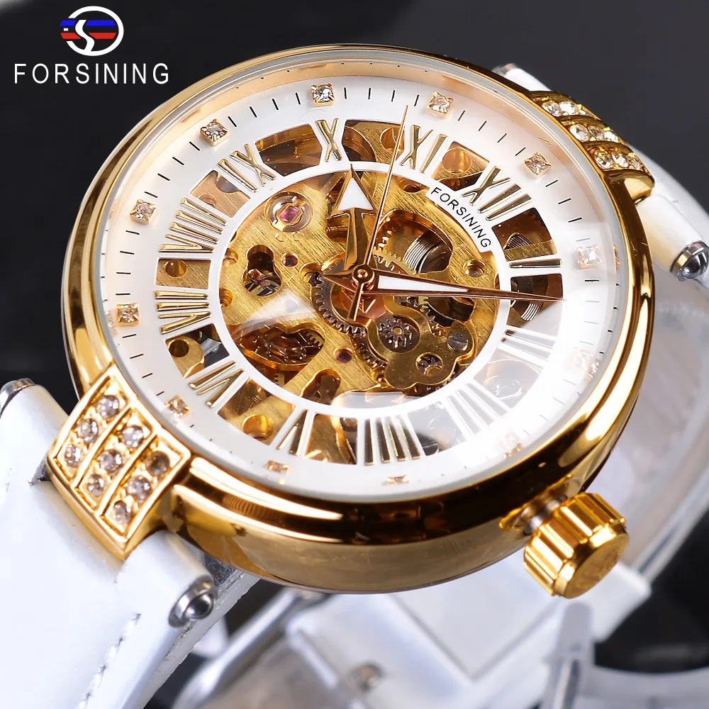 Forsining White Golden Mechanical Automatic Transparent Open Work Ladies Women 2019 Fashion Skeleton Wristwatch Top Brand Luxury